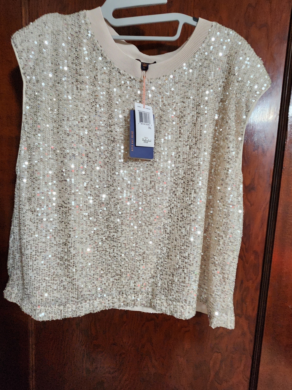 Skies Are Blue Sequin Knit Cap-Sleeve Top - Champagne